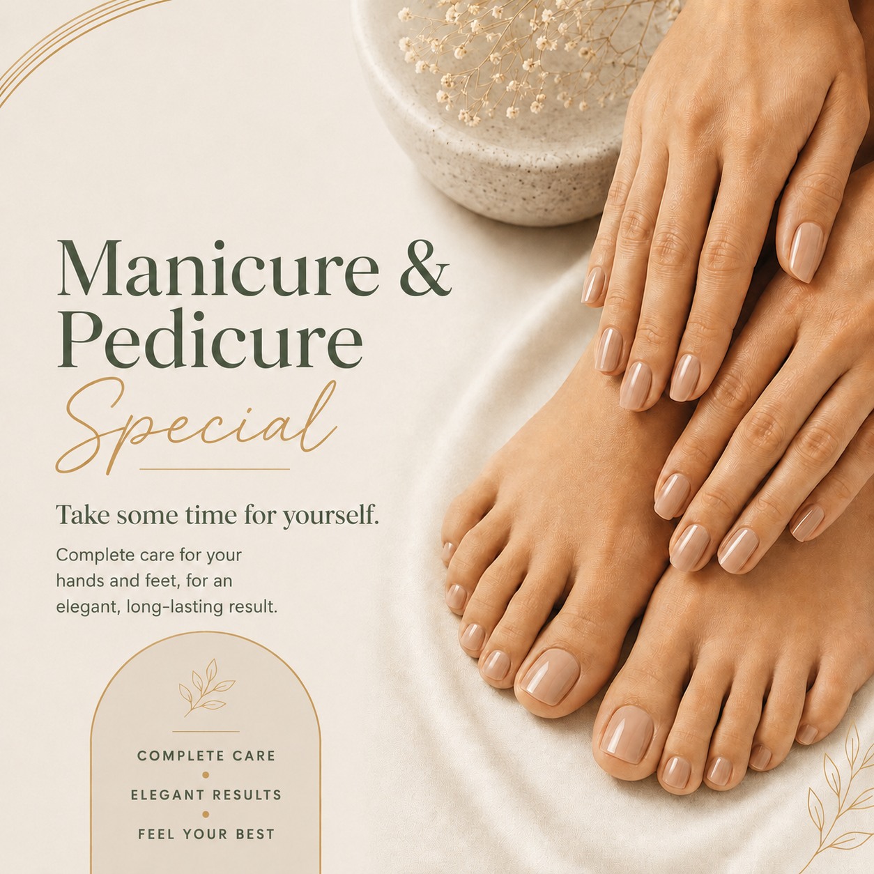 Manicure and pedicure special with polished hands and feet in a relaxing spa setting