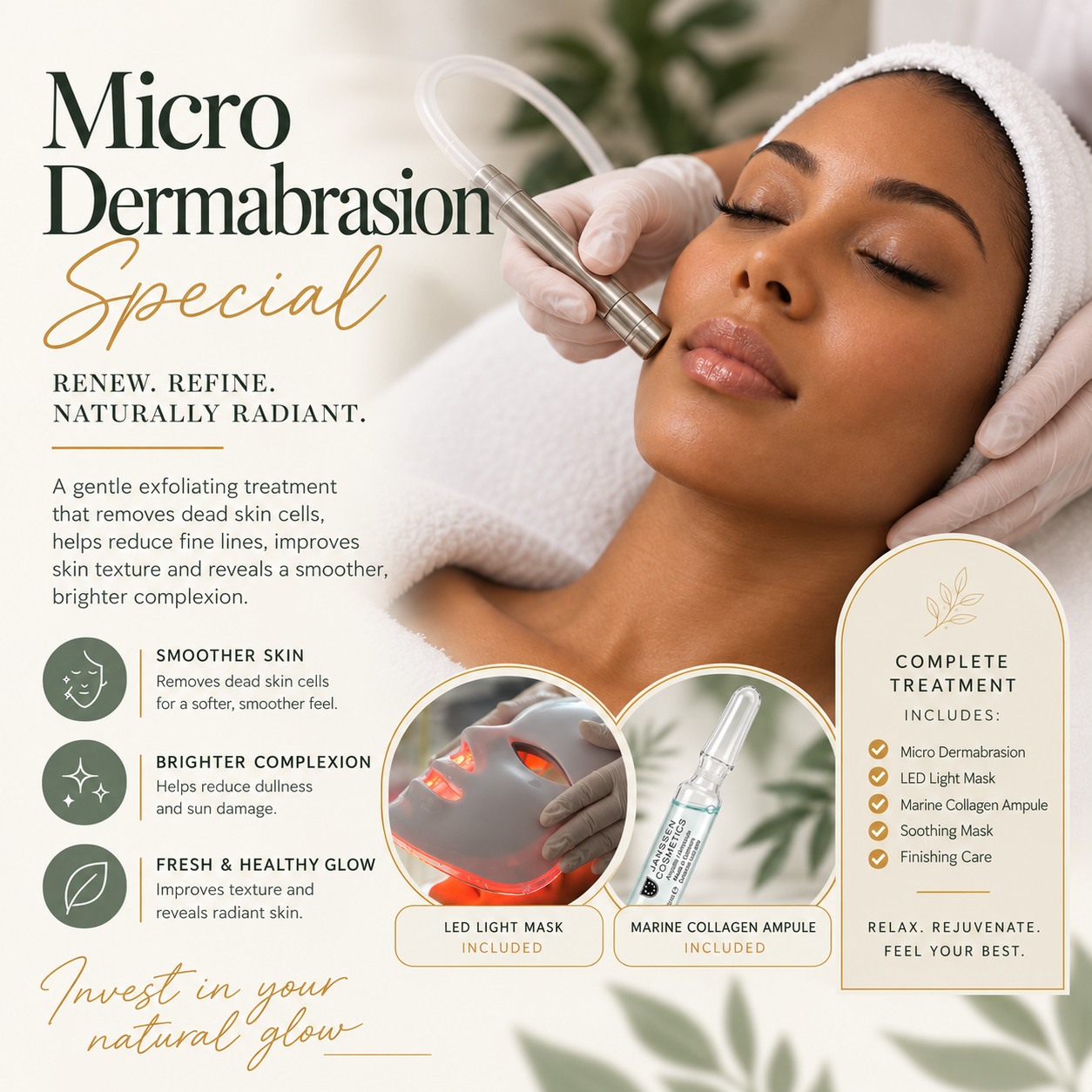 Microdermabrasion facial special with LED light therapy and Marine Collagen Ampule at Oceans11 Spa Curaçao